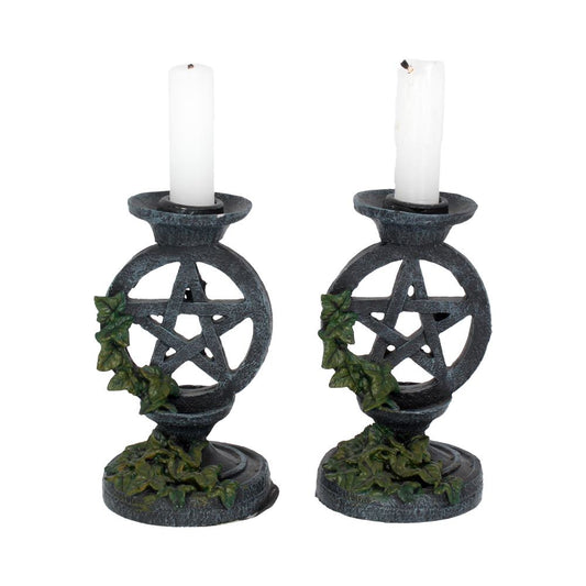 Aged Pentagram Candlesticks 13.4cm